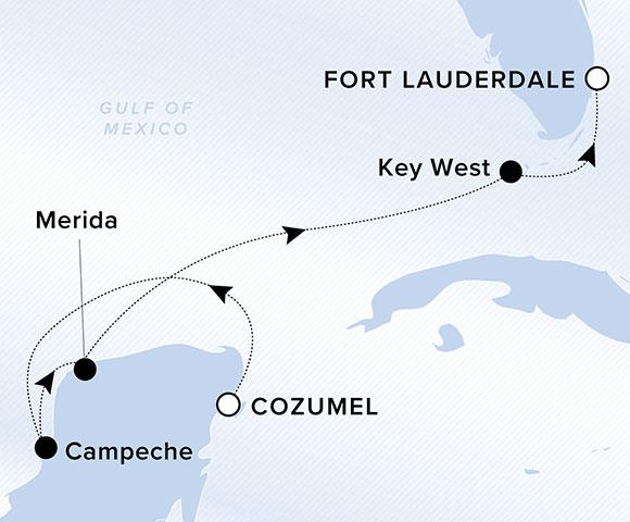 Map of Gulf of Mexico. A line traces the ship's path from Cozumel to Campeche, Progreso, Key West and Ft Lauderdale. 