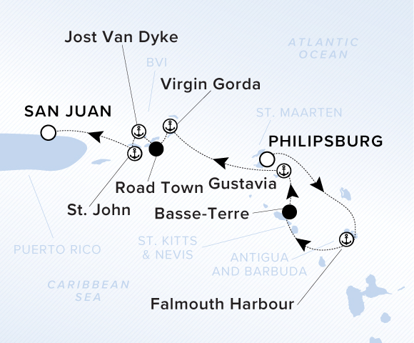 A map showing the Atlantic Ocean and Caribbean Sea. A line shows the voyage route from Philipsburg to Falmouth Harbour, Basse-Terre, Gustavia, Virgin Gorda, Jost Van Dyke, Road Town, St. John and San Juan.