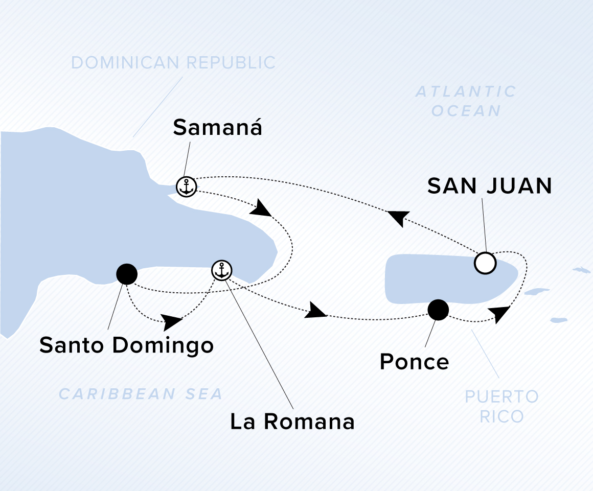 A map showing the Atlantic Ocean and Caribbean Sea. A line shows the voyage route from San Juan to Samana, Santo Domingo, La Romana, Ponce and San Juan.