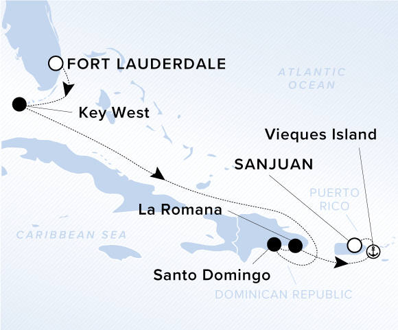 Map of Atlantic Ocean and Caribbean Sea. Line following path of ship from Ft Lauderdale to Key West, Santo Domingo, Isla Catalina, Esperanza and San Juan. Islands of Puerto Rico and Dominican Republic labeled.
