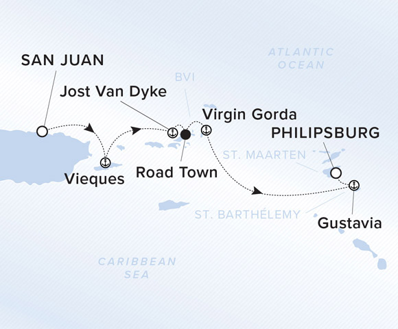 A map showing the Atlantic Ocean and Caribbean Sea. A line shows the voyage route from San Juan to Vieques, Jost Van Dyke, Road Town, Virgin Gorda, Gustavia and Philipsburg.