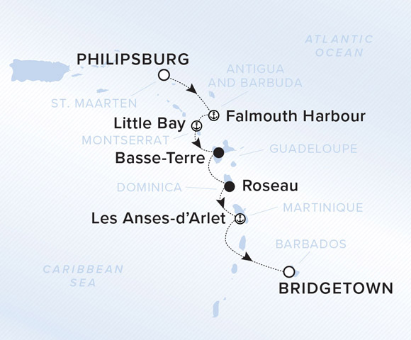 A map showing the Atlantic Ocean and Caribbean Sea. A line shows the voyage route from Philipsburg to Falmouth Harbour, Little Bay, Basse-Terre, Roseau, Les Anses-d'Arlet and Bridgetown.