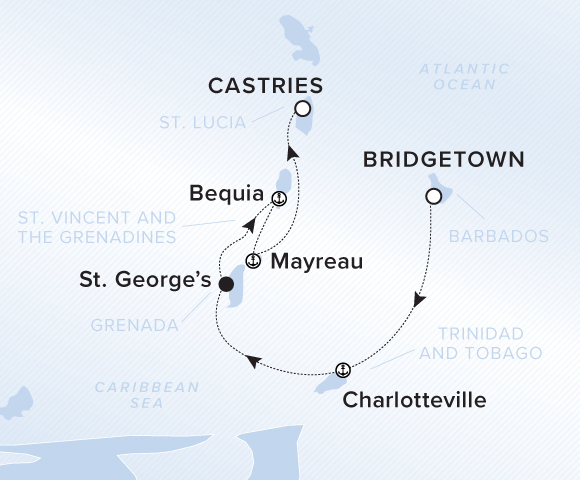 A map showing the Atlantic Ocean and Caribbean Sea. A line shows the voyage route from Bridgetown to Charlotteville, St. George's, Mayreau, Bequia and Castries.