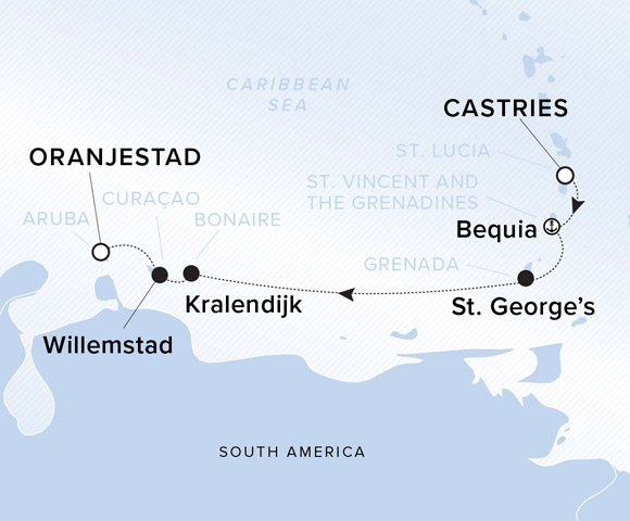 A map showing the Atlantic Ocean and Caribbean Sea. A line shows the voyage route from Castries to Bequia, St. George's, Kralendijk, Willemstad and Oranjestad.