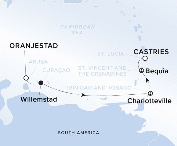A map showing the Atlantic Ocean and Caribbean Sea. A line shows the voyage route from Oranjestad, Willemstad, Charlotteville, Bequia and Castries.