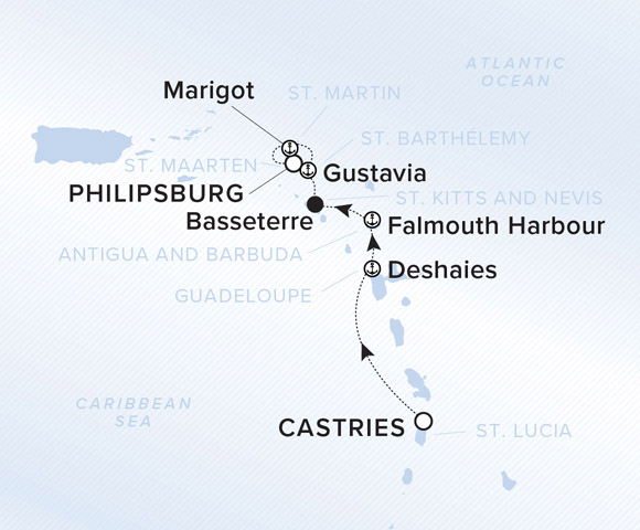 A map showing the Atlantic Ocean and Caribbean Sea. A line shows the voyage route from Castries to Deshaies, Falmouth Harbour, Basseterre, Gustavia, Marigot, Philipsburg.