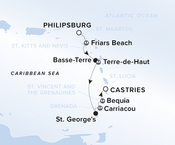 A map showing the Atlantic Ocean and Caribbean Sea. A line shows the voyage route from Philipsburg to Friars Beach, Basse-Terre, Terre-de-Haut, St. George's, Carriacou, Bequia and Castries.