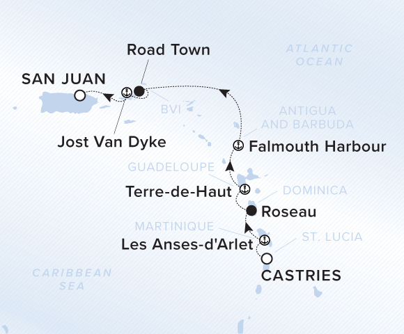 A map showing the Atlantic Ocean and Caribbean Sea. A line shows the voyage route from Castries to Les Anses-d'Arlet, Roseau, Terre-de-Haut, Falmouth Harbour, Road Town, Jost Van Dyke and San Juan.