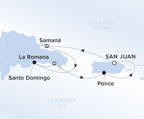 A map showing the Atlantic Ocean and Caribbean Sea. A line shows the voyage route from San Juan to Samana, Santo Domingo, La Romana and Ponce.
