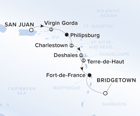 A map showing the Atlantic Ocean and Caribbean Sea. A line shows the voyage route from San Juan to Virgin Gorda, Philipsburg, Charlestown, Deshaies, Terre-de-Haut, Fort-de-France.