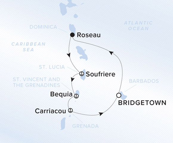 A map showing the Atlantic Ocean and Caribbean Sea. A line shows the voyage route from Bridgetown to Roseau, Soufriere, Bequia, Carriacou, and Bridgetown.