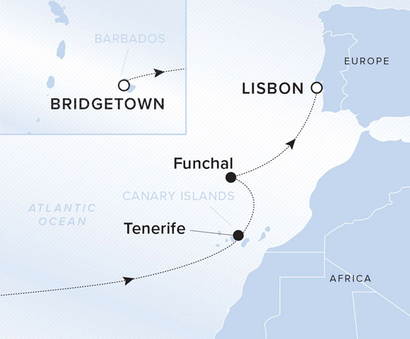 A map showing the Atlantic Ocean. A line shows the voyage route from Bridgetown to Tenerife, Funchal, and Lisbon.