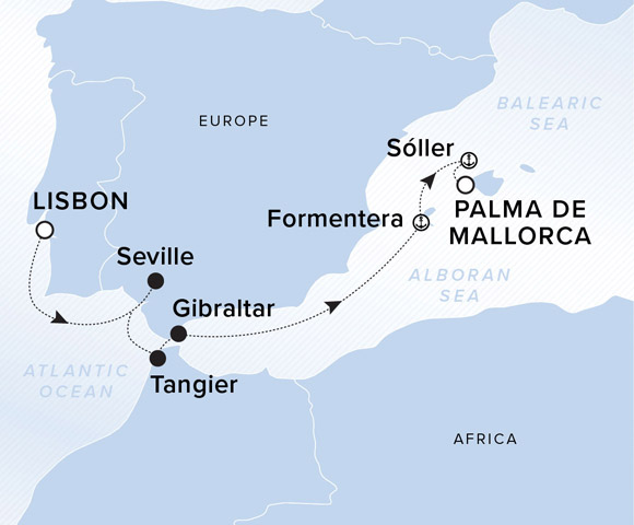 A map showing the Atlantic Ocean. A line shows the voyage route from Lisbon to Seville, Tangier, Gibraltar, Formentera, Soller and Palma de Mallorca.
