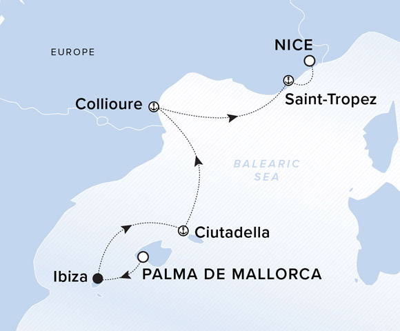 A map showing the Balearic Sea. A line shows the voyage route from Palma de Mallorca, Ibiza, Ciutadella, Collioure, Saint-Tropez and Nice.