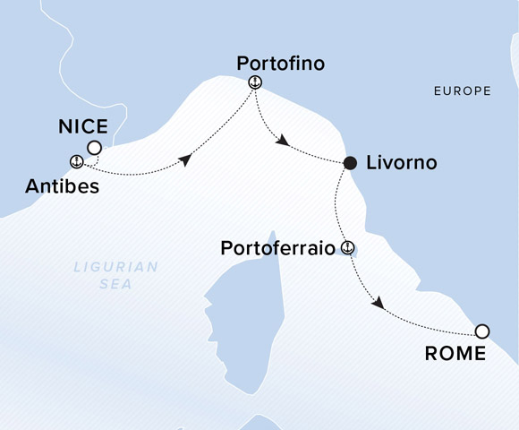 A map showing the Ligurian Sea. A line shows the voyage from Nice to Antibes, Portofino, Livorno, Portoferraio and Rome.