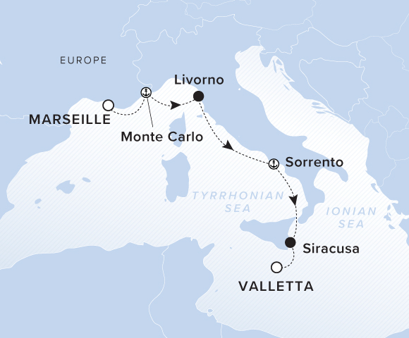 A map showing the Ionian Sea and Tyrrhenian Sea. The voyage route travels from Marseille to Monte Carlo, Livorno, Sorrento, Siracusa and Valletta.