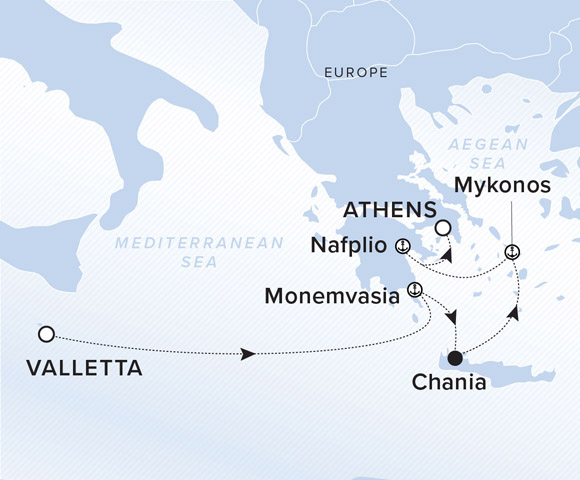 A map showing the Mediterranean Sea. A line shows the voyage route from Valletta, Monemvasia, Chania, Mykonos, Nafplio and Athens.