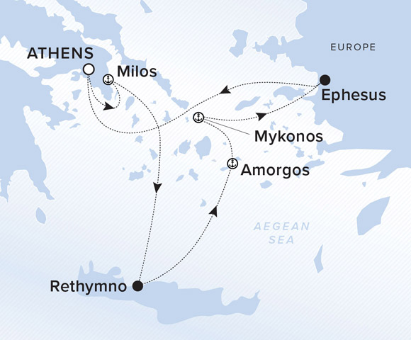 A map showing the Aegean Sea. A line shows the voyage route from Athens, Milos, Rethymno, Amorgos, Mykonos, Ephesus and Athens..