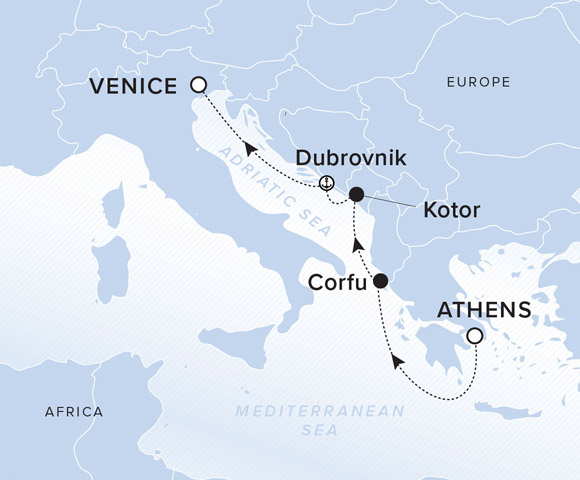 A map showing the Adriatic and Mediterranean Seas. A line shows the voyage route from Athens, Corfu, Kotor, Dubrovnik and Venice.