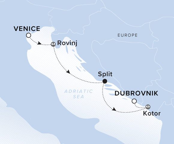 A map showing the Adriatic Sea. The voyage route travels from Venice to Rovinj, Split, Dubrovnik and Kotor.