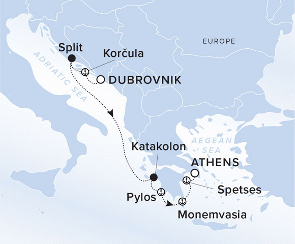 A map showing the Adriatic and Aegean Seas. A line shows the voyage route from Dubrovnik to Korcula, Split, Katakolon, Pylos, Monemvasia, Spetses and Athens..