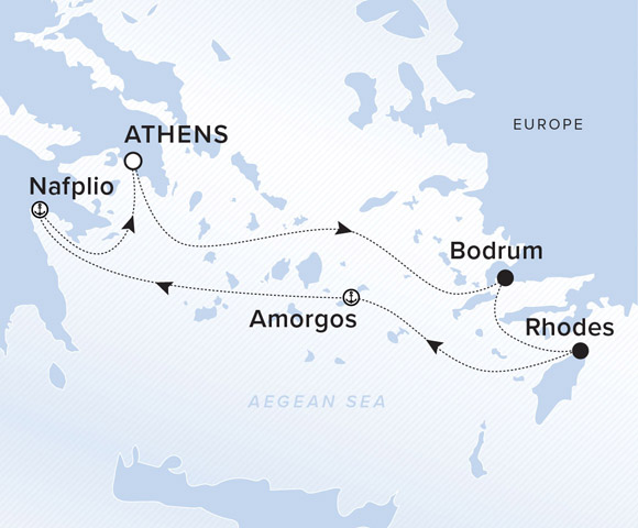 A map showing the Aegean Sea. A line of the voyage route from Athens to Bodrum, Rhodes, Amorgos, Nafplio and Athens.