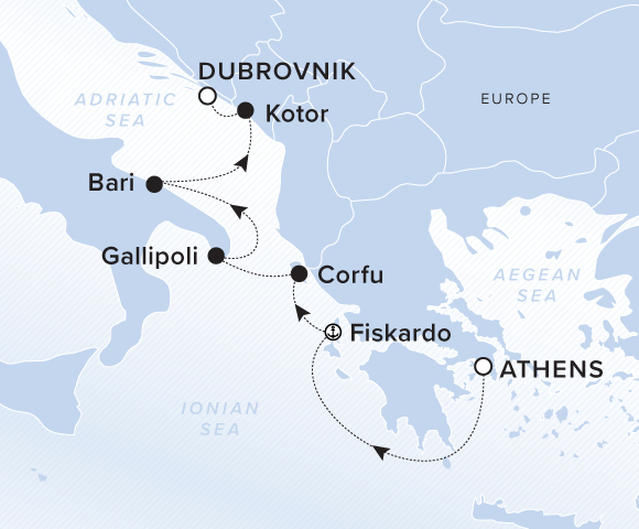 A map showing the Adriatic Sea. A line shows the voyage route from Athens, Fiskardo, Corfu, Gallipoli, Bari, Kotor and Dubrovnik.