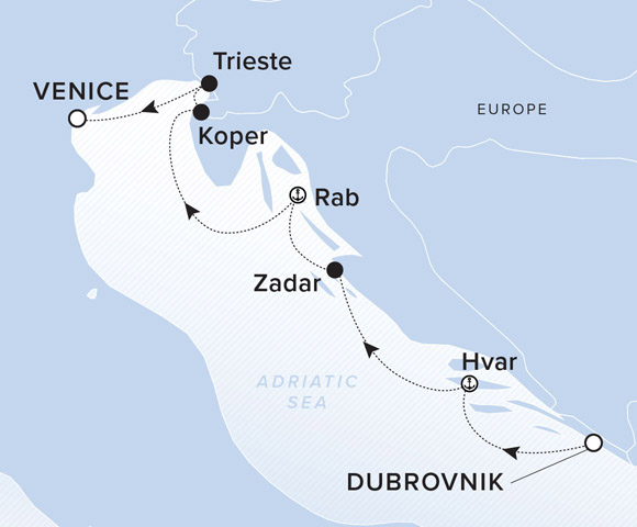 A map showing the Adriatic Sea. A line shows the voyage route from Dubrovnik to Hvar, Zadar, Rab, Koper, Trieste and Venice.