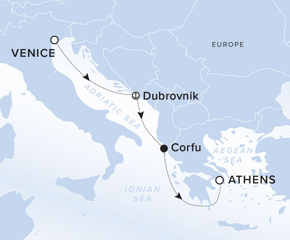 A map showing the Adriatic and Ionian Seas. A line shows the voyage route from Venice to Dubrovnik, Corfu and Athens..