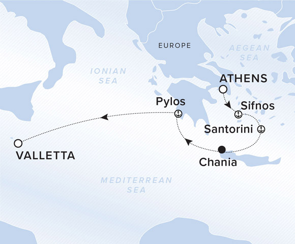 A map showing the Mediterranean Sea. A line shows the voyage route from Athens to Sifnos, Santorini, Chania, Pylos and Valletta..