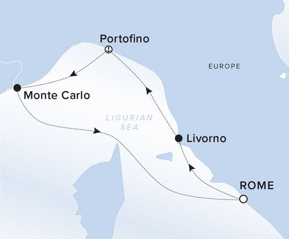 A map showing the Ligurian Sea. A line shows the voyage route from Rome to Livorno, Portofino, Monte Carlo and Rome.