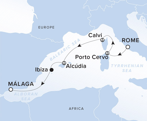 A map showing the Balearic Sea. A line shows the voyage route from Rome to Porto Cervo, Calvi, Alcudia, Ibiza and Malaga.