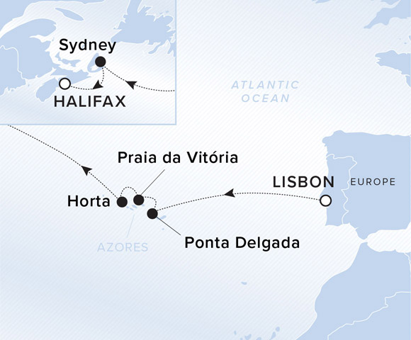 A map showing the Atlantic Ocean. A line shows the voyage route from Lisbon to Ponta Delgada, Praia da Vitoria, Horta, Sydney and Halifax.