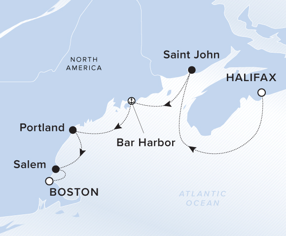 A map showing the Atlantic Ocean. A line shows the voyage route from Halifax to St. John, Bar Harbor, Portland, Salem and Boston.