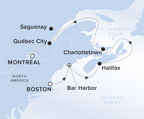 A map showing the Atlantic Ocean. A line shows the voyage route from Boston to Bar Harbor, Halifax, Charlottetown, Saguenay, Quebec City and Montreal.
