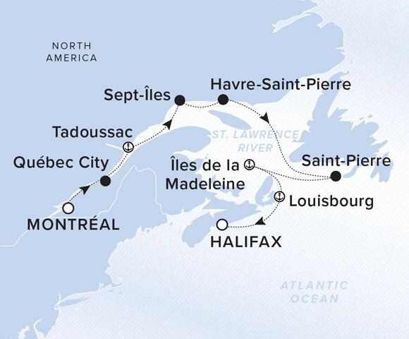 A map showing the Atlantic Ocean. A line shows the voyage route from Montreal to Quebec City, Tadoussac, Sept-Iles, Havre-Saint-Pierre, Saint-Pierre, Iles de la Madeleine, Louisbourg and Halifax.