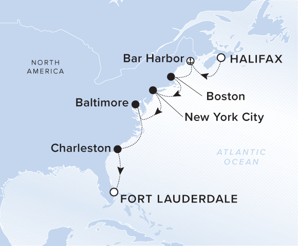 A map showing the Atlantic Ocean. A line shows the voyage route from Halifax to Bar Harbor, Boston, New York City, Baltimore, Charleston and Fort Lauderdale.