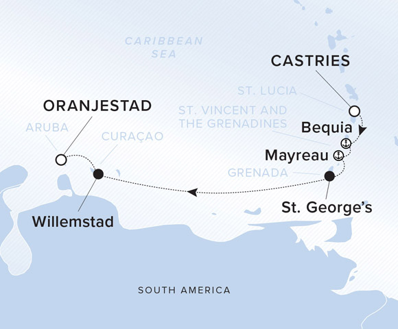 A map showing the Caribbean Sea. A line shows the voyage route from Castries to Bequia, Mayreau, St. George's, Willemstad and Oranjestad.