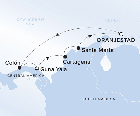 A map showing the Caribbean Sea. A line shows the voyage route from Oranjestad to Colon, Guna Yala, Cartagena, Santa Marta and Oranjestad.