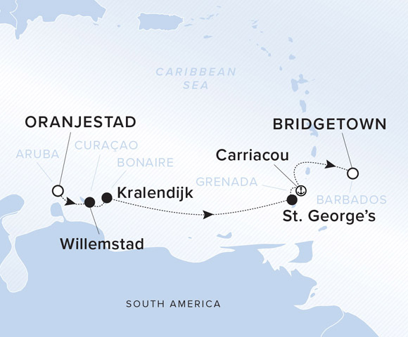 A map showing the Caribbean Sea. A line shows the voyage route from Oranjestad to Willemstad, Kralendijk, St. George's, Carriacou and Bridgetown.