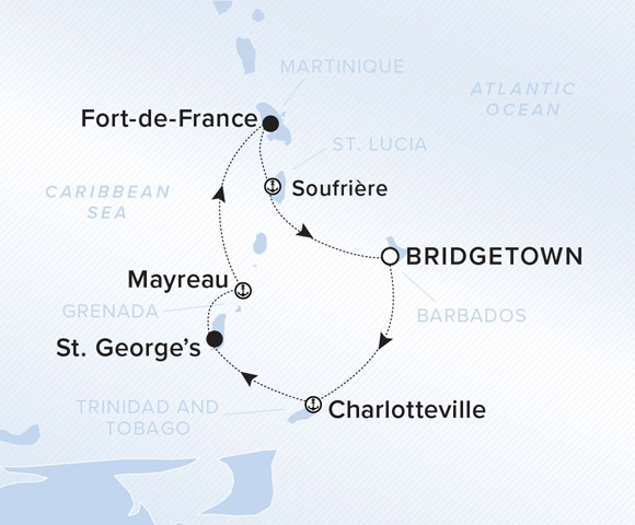 A map showing the Atlantic Ocean and Caribbean Sea. A line shows the voyage route from Bridgetown to Charlotteville, St. George's, Mayreau, Fort-de-France, Soufriere and Bridgetown.