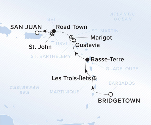 A map showing the Atlantic Ocean and Caribbean Sea. A line shows the voyage route from Bridgetown to Les Trois-Ilets, Basse-Terre, Gustavia, Marigot, Road Town, St. John and San Juan.