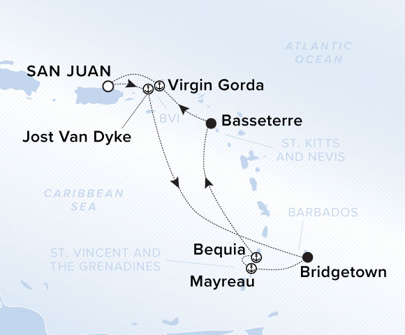 A map showing the Atlantic Ocean and Caribbean Sea. A line shows the voyage route from San Juan to Jost Van Dyke, Bridgetown, Mayreau, Bequia, Basseterre, Virgin Gorda and San Juan.