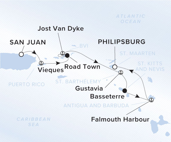 A map of the Caribbean Sea showing the yacht's voyage from San Juan to Vieques, Puerto Rico, then Road Town, Jost Van Dyke, Gustavia, Basseterre, Falmouth Harbour and ending at Philipsburg, St. Maarten.