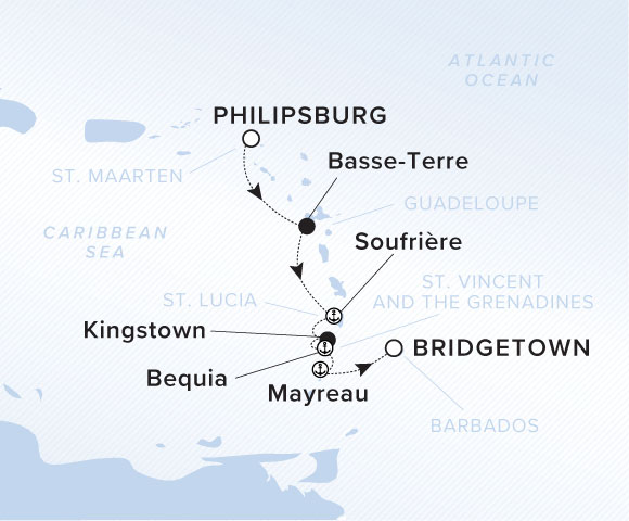 A map of the Caribbean Sea with a line indicating the yacht's journey from Philipsburg, St. Maarten to Basse-Terre, Soufriere, Kingstown, Bequia, Mayreau and ending in Bridgetown, Barbados.