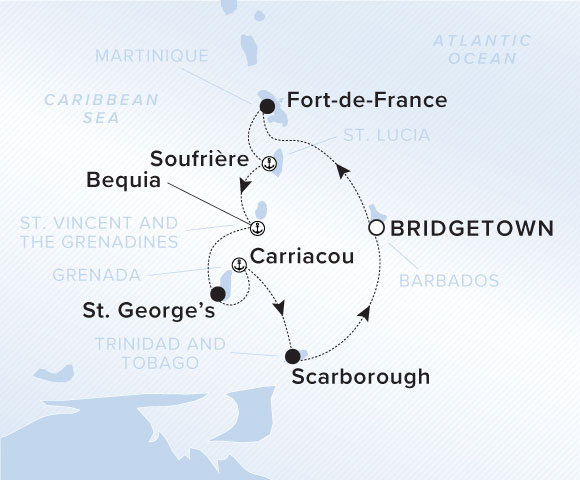 A line indicate the yacht's journey from Bridgetown, Barbados to Fort-de-France, Sourfriere, Bequia, St. George's, Carriacou, and Scarborough before returning to Bridgetown.