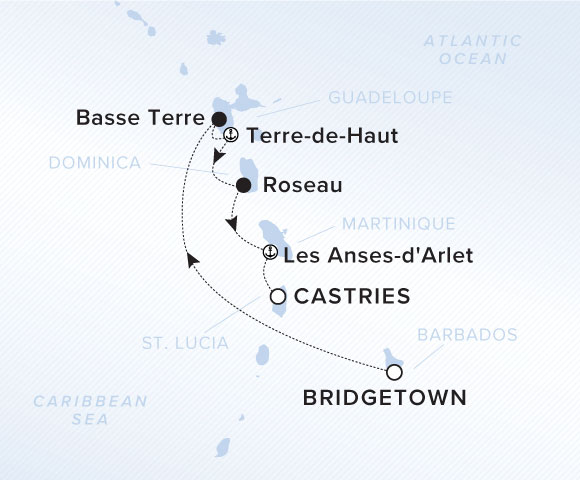 A map of the Caribbean Sea showing the yacht's voyage from Bridgetown, Barbados to Basse Terre, Terre-de-Haut, Roseau, Les Anses-d'Arlet and ending in Castries, St. Lucia.