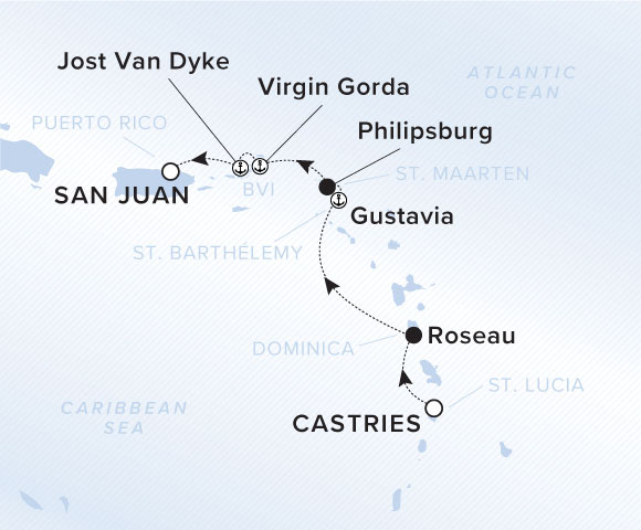 A line indicate's the Yacht's journey through the Caribbean Sea from Castries, St. Lucia to Roseau, Gustavia, Philipsburg, Virgin Gorda, Jost Van Dyke and concluding in San Juan, Puerto Rico.