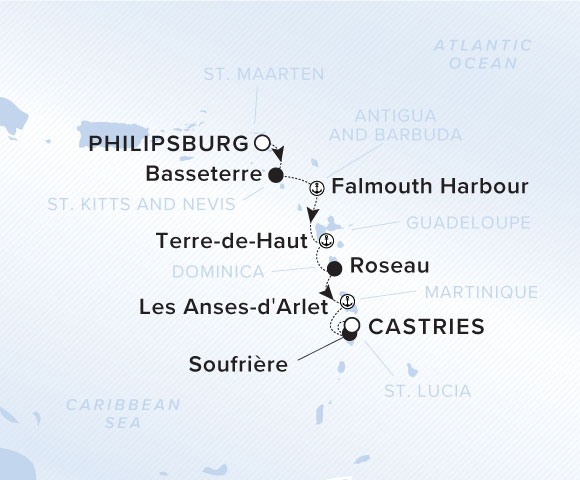 A map showing the yacht's voyage from Philipsburg, St. Maarten to Basseterre, Falmouth Harbor, Terre-de-Haut, Roseau, Les Anses-d'Arlet, Soufriere and finally Castries, St. Luica through the Caribbean Sea.