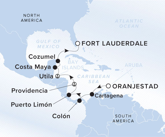 A map of the Caribbean Sea overlaid with yacht's journey from Oranjestad, Aruba to Cartagena, Colon, Puerto Limon, Providencia, Utila, Costa Maya, Cozumel, and concluding in Fort Lauderdale, Florida, USA.